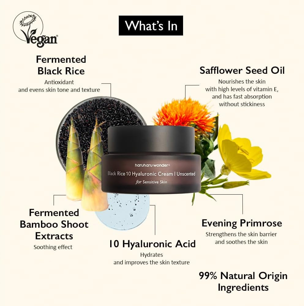 Wonder Black Rice 10 Hyaluronic Cream, Face Moisturizer, Vegan, Cruelty Free, Daily Skincare, Korean Skincare, Unscented, 50Ml