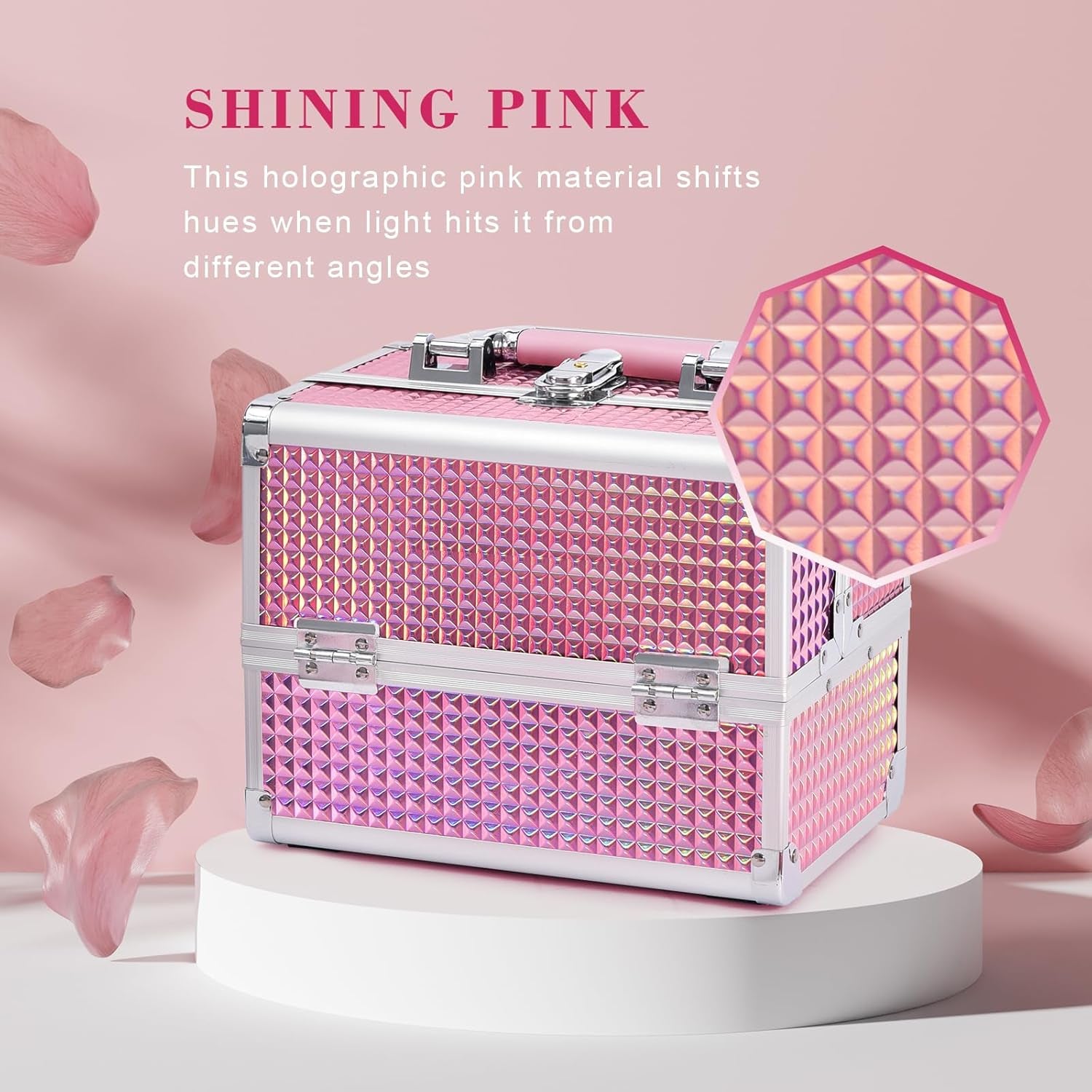 Vanity Case Makeup Box Nail Polish Organiser Beauty Storage Make up Organiser Jewellery Box with Mirror, Lockable with Keys, Holographic Pink
