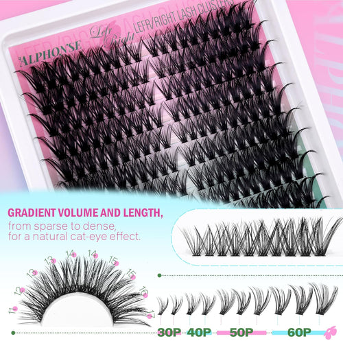 Lash Clusters Kit Cat Eye Lash Extension Kit 30P-60P Gradient Cluster Eyelash Extensions Kit Left Right Natural Individual Lashes Extension Kit with Lash Bond Seal Tweezers by