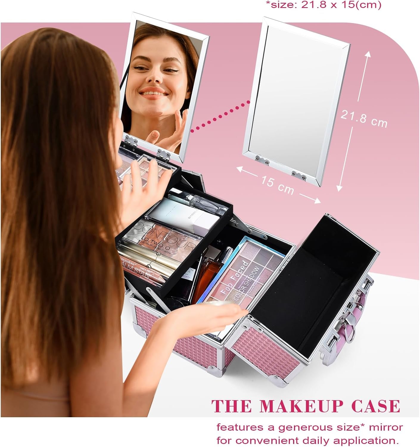 Vanity Case Makeup Box Nail Polish Organiser Beauty Storage Make up Organiser Jewellery Box with Mirror, Lockable with Keys, Holographic Pink