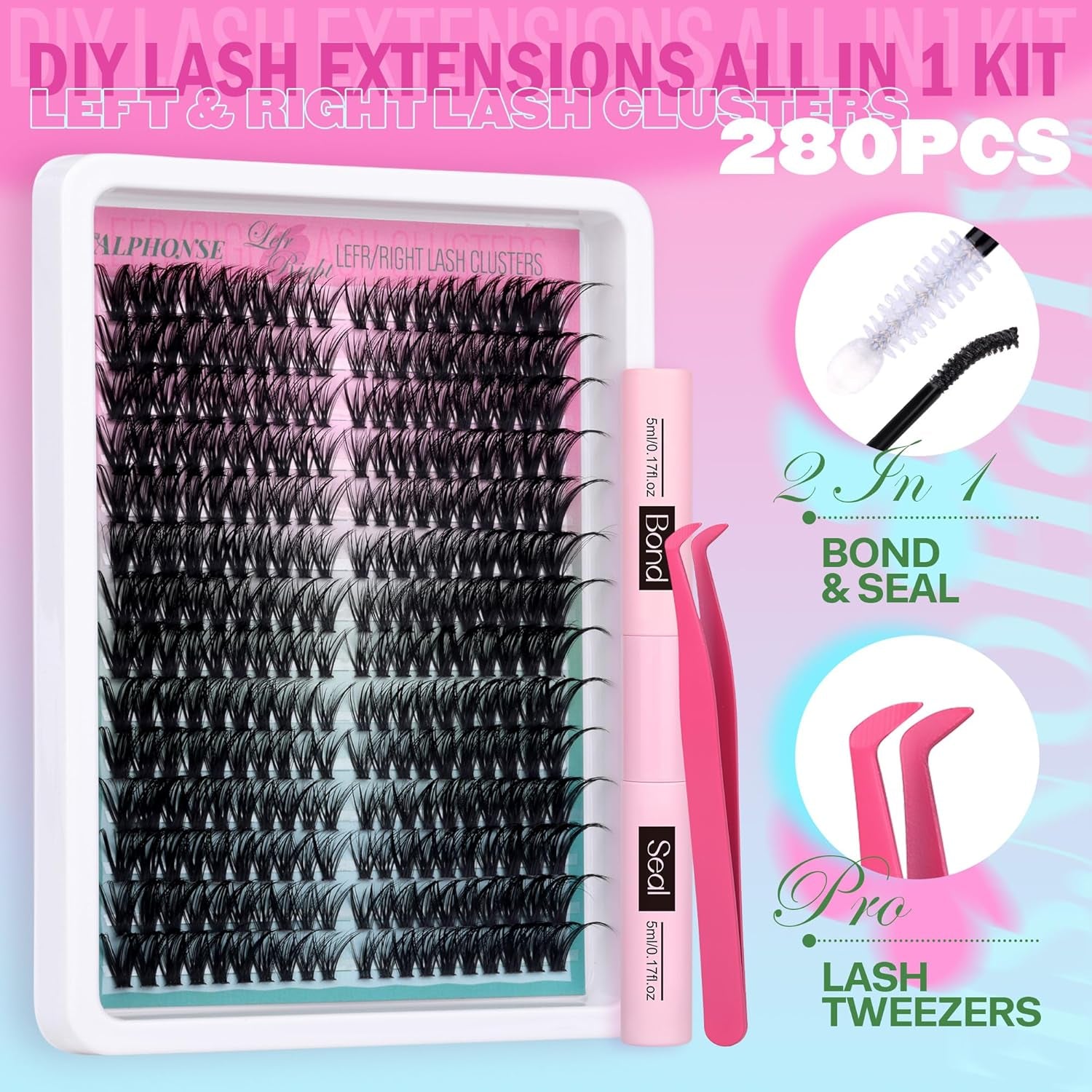 Lash Clusters Kit Cat Eye Lash Extension Kit 30P-60P Gradient Cluster Eyelash Extensions Kit Left Right Natural Individual Lashes Extension Kit with Lash Bond Seal Tweezers by