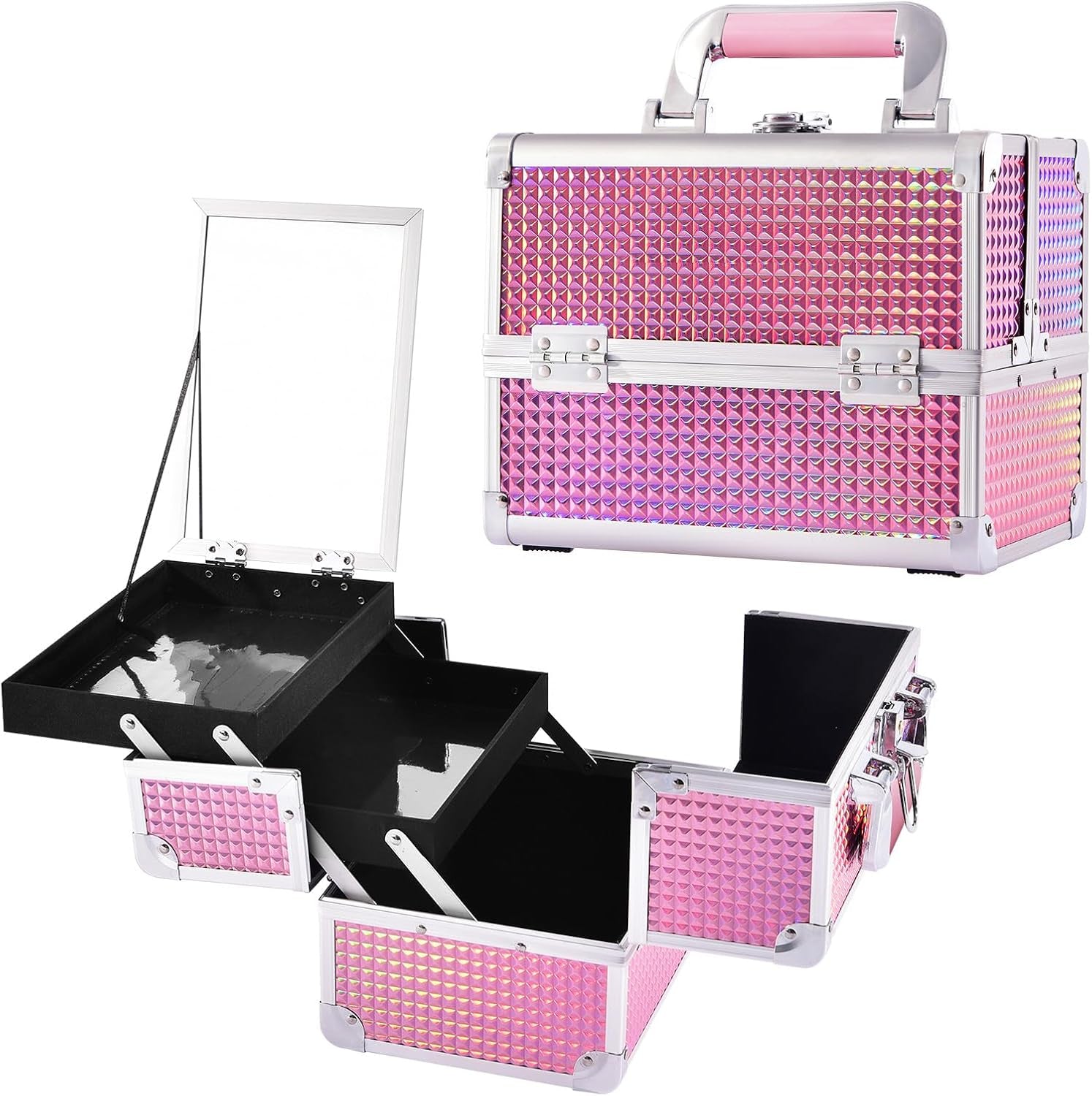 Vanity Case Makeup Box Nail Polish Organiser Beauty Storage Make up Organiser Jewellery Box with Mirror, Lockable with Keys, Holographic Pink