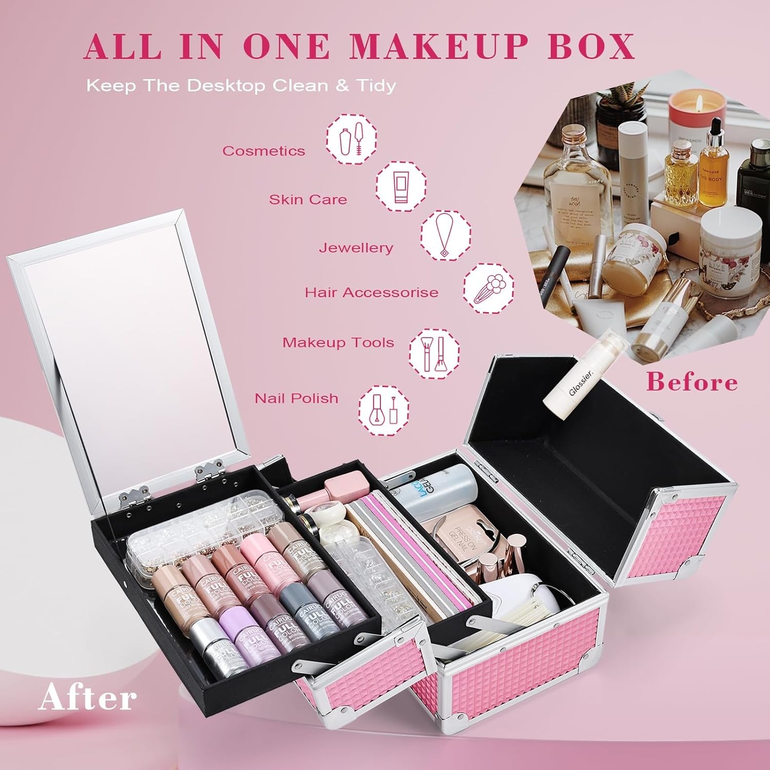 Vanity Case Makeup Box Nail Polish Organiser Beauty Storage Make up Organiser Jewellery Box with Mirror, Lockable with Keys, Holographic Pink