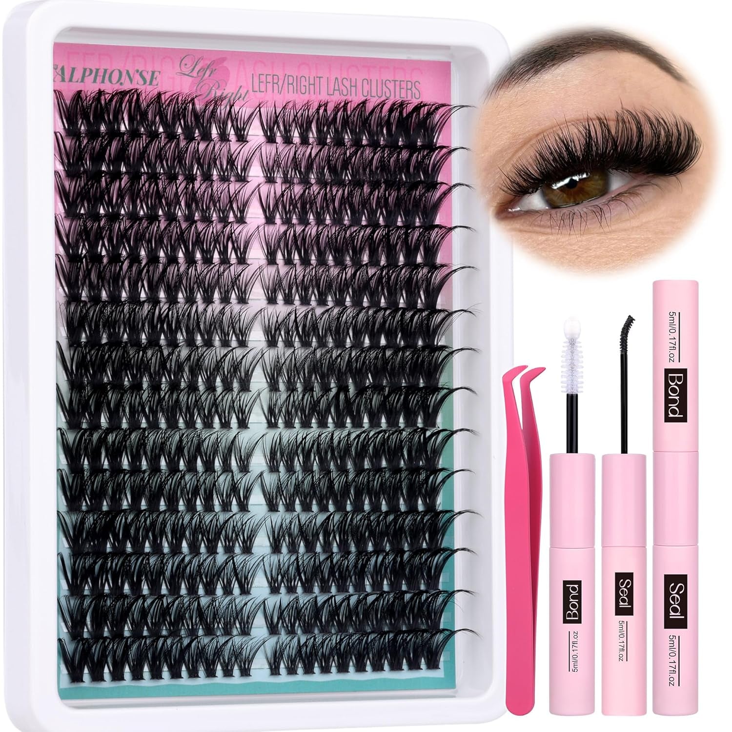 Lash Clusters Kit Cat Eye Lash Extension Kit 30P-60P Gradient Cluster Eyelash Extensions Kit Left Right Natural Individual Lashes Extension Kit with Lash Bond Seal Tweezers by